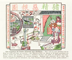Kristitty sika sahataan kahtia, kun taas toinen murskataan huhmareessa, rangaistukset odottavat kristinuskoon kääntyneitä, 1891