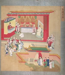 Keisari Hui Tsung (r.1100-26) harjoittelee buddhalaisen lahkon Tao-Seen kanssa Kiinan keisarien historiasta (väri silkillä)