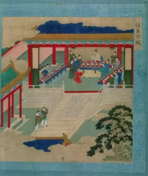 Keisari Hui Tsung (r.1100-26) osallistuu festivaaleille, joissa hän juo jalokivestä tehdystä kupista, Kiinan keisarien historiasta (väri silkillä)