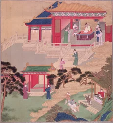 Keisari Tai Tsung (r.762-779) lukee lääketieteellistä kirjaa Kiinan keisarien historiasta (väri silkillä)