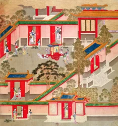 Keisari Wu Ti (156-87, r.141-87 eKr.), jättää palatsinsa Kiinan keisarien historiasta (väri silkillä)