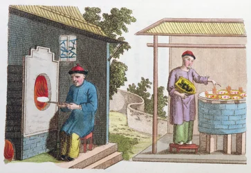 Posliinin poltto Kiinassa 1700-luvun lopulla, teoksesta La Chine en Miniature, J.B. Breton, Pariisi, toimittanut Nepveu, 1811 (värikaiverrus)