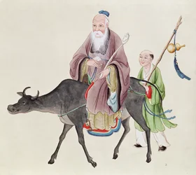 Lao-Tzu (n. 604-531) puhvelillaan, jota seuraa opetuslapsi (wc paperilla)
