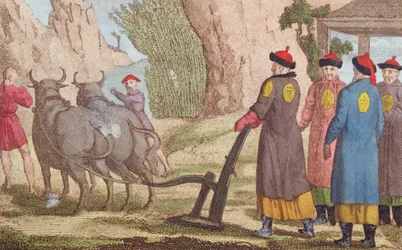 Plowing Festival Kiinassa, etukappaleen kuvitus La Chine en Miniaturelle, J.B. Breton, Pariisi, toimittanut Nepveu, 1811 (värikaiverrus)