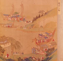 Toinen sui-keisari, Yangdi (569-618) purjelaivastoineen Kiinan keisarien historiasta (väri silkillä)