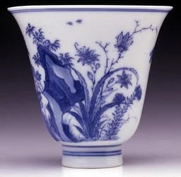 Puolimunankuorinen dekantterilasi, Kangxi-merkki ja aikakausi 1662-1722 (posliini sinisellä aluslasituksella) (katso 142559 ja alapuoli 142558)