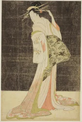 Valikoima kauneutta Pleasure Quartersista (Seiro bijin awase): Uudenvuoden lomia varten palkatut kurtisaanit - Ogiyan Takigawa, n. 1794 (värillinen puupainatus; oban)
