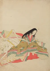 Istuva hovinainen hōō-lintukuvioisessa viitassa, taulu albumista Nishiki-zuri onna sanju rokkasen e-zukushi