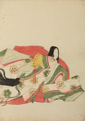 Istuva hovinainen ja keltainen viuhka, kuvalaatta albumista: Nishiki-zuri onna sanju rokkasen e-zukushi