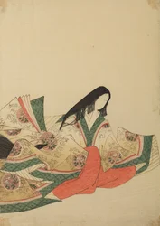 Istuva hovineito, katse oikealle, medaali-kuvioisessa pukussa, kuva albumista: Nishiki-zuri onna sanju rokkasen e-zukushi