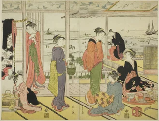 Huvimajassa Shinagawassa (Shinagawa no rojo) (värilliset puupiirrokset; kaksi arkkia oban-triptyykistä)