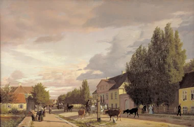 Näkymä kadulle Østerbrossa Kööpenhaminan ulkopuolella. Aamuvalo, 1836