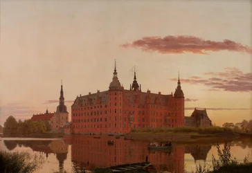 Frederiksborgin palatsi Jægerbakkenilta nähtynä, iltaisin