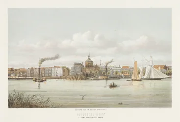 Näkymä Groothoofdspoortille Dordrechtissa Näkymä suuresta päästä (otsikko esineessä) Dordrecht vuonna 1864 (sarjan nimi esineellä)