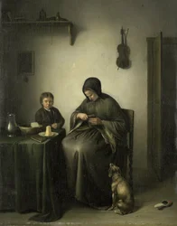 Nainen leipää leikkelemässä, noin 1800-1823 (öljy paneelille)