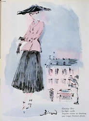 Christian Diorin muotilautanen, kuvitus Vogue-lehdestä, kesäkuu 1947 (värikaiverrus)