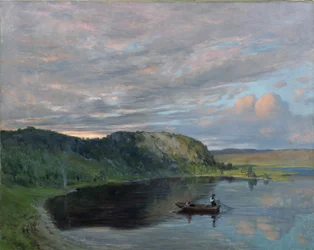 Kesäilta High Mountain -järven rannalla (öljy kankaalle)