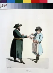 Sarja Moskovan kauppiaista: kvassin (kwas tai kwass) myyjä. Kvass-myyjä (sarjasta The Moscow Merchants). Piirustus Christian Gottfried Heinrich Geissler (1770-1844)