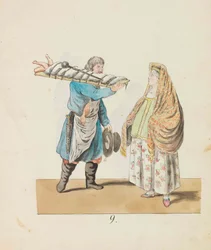 Teurastaja sika laudalla ja kauppanainen Sarjasta Pietari..., 1799.