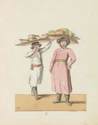 Hedelmämyyjä ja talonpoika myy juustoa ja silliä Sarjasta Pietari..., 1799.