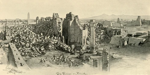 Raunioituneet temppelit Karnakissa, Egyptissä, 1898.