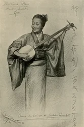 Dona jugant al shamisen, Mentaki Falls, Kobe, Japó, 1898. finlandès