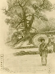 Nainen päivänvarjoineen, Nagasaki, Japani, 1898.
