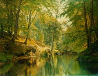 Metsäinen jokimaisema hahmoineen veneessä, 1893
