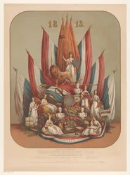 Allegorinen esitys merkittävästä vallankumouksesta marraskuussa 1813 Teatteris-allegorinen kunnianosoitus ikimuistoiselle vallankumoukselle marraskuussa 1813 (...) (otsikko esineessä)