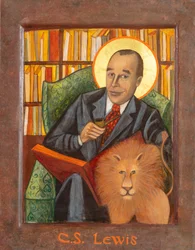 C. S. Lewis Icon, 2021 (munatempera, lehtikulta, puu)