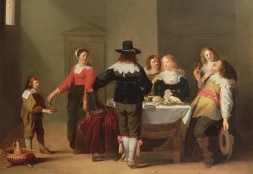 Vartiohuoneen sisustus, jossa sotilaat syövät ja juovat naiskomppaniassa, 1639