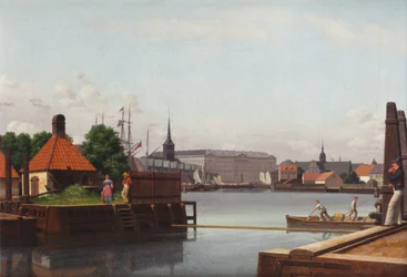 Tanskan kieli: Børsen, Christiansborg, Holmens Kirke, set fra Asiatisk Kompagnis Plads Pörssi, Christiansborg ja Holmenin kirkko, nähtynä Asiatisk Kompagnis Pladsin paikalta.