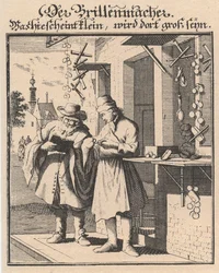 Silmälasien valmistaja tärkeimpien hyväntekeväisyysasuntojen kuvasta, 1698