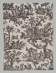 Fragmentti kuparipainettua puuvillaa Les quatres party du monde Designilla, 1788.