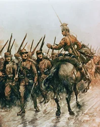 Belgian opasjoukkojen peitsimies ohittaa vuonna 1914 rintamalle marssivan ranskalaisen jalkaväen