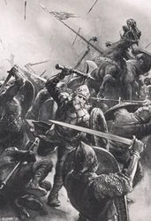Stamford Bridgen taistelu, kuvitus julkaisusta "British Battles on Land and Sea", julkaisija Cassell, Lontoo, n. 1910