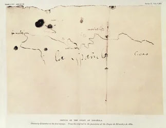 Luonnos Espanolan rannikosta, jonka Kolumbus on piirtänyt ensimmäisellä matkalla, alkuperäisestä, joka oli herttua de Berwick y de Alban hallussa, 1492 (muste paperille)