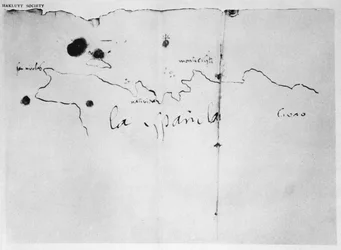 Sketch ng baybayin ng Espanola, iginuhit ni Columbus sa unang paglalakbay, mula sa orihinal na pagmamay-ari ng Duque de Berwick y de Alba, 1492 (tinta sa papel)finn