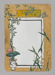 Ruokalistakortti, jossa on bambua ja kukkia, n. 1880. Akvarelli, musta muste ja metalliväri.