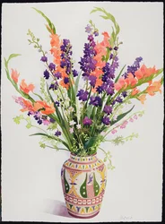 Larkspur ja Gladioli marokkolaisessa maljakossa (wc)