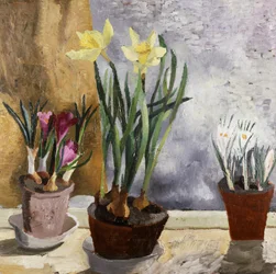 Krookukset ja narsissit ruukuissa. Christopher Woodin (1901-1930) maalaus Yksityiskokoelma.