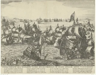 Zeeslag bij Duins, 1639 Meritaistelu, jossa belgialaiset voittivat espanjalaiset Englannin duineissa vuonna 1339 (otsikko esineessä)