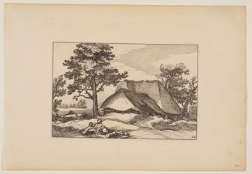 Navetat, lepäävä lauma ja koira keskellä etualalla, maalauksesta Landscapes (Verscheyden aerdige Lanthuysen...)