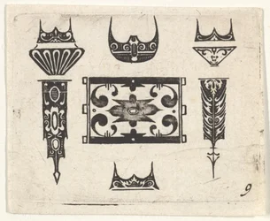 Mustakirjontavedos, jossa on yhdeksän aihetta, n. 1620.