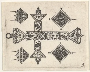 Blackwork print latinalaisristillä ja neljällä motiivilla, n. 1620.