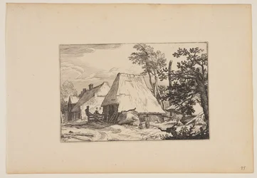 Maatilan piha, mies lepää aidan päällä keskeltä vasemmalle, teoksesta Landscapes (Verscheyden aerdige Lanthuysen...)