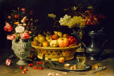 Hedelmä- ja kukka-asetelma, 1608-1621