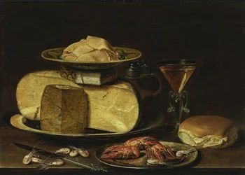 Asetelma juustoilla, Glas à la façon de Venise ja rapuja tinalautasella