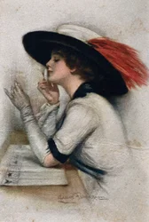 Tyylikäs nuori nainen äänestämässä vuoden 1920 vaaleissa Yhdysvalloissa, 1900-luku (värilitho)