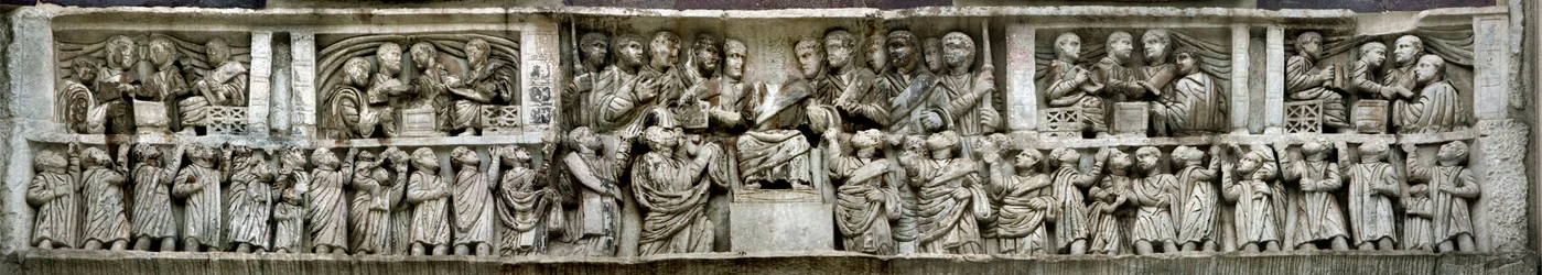Constantine jakaa rahaa Liberalitasille. Yksityiskohta Konstantinuksen kaaresta, 312-3